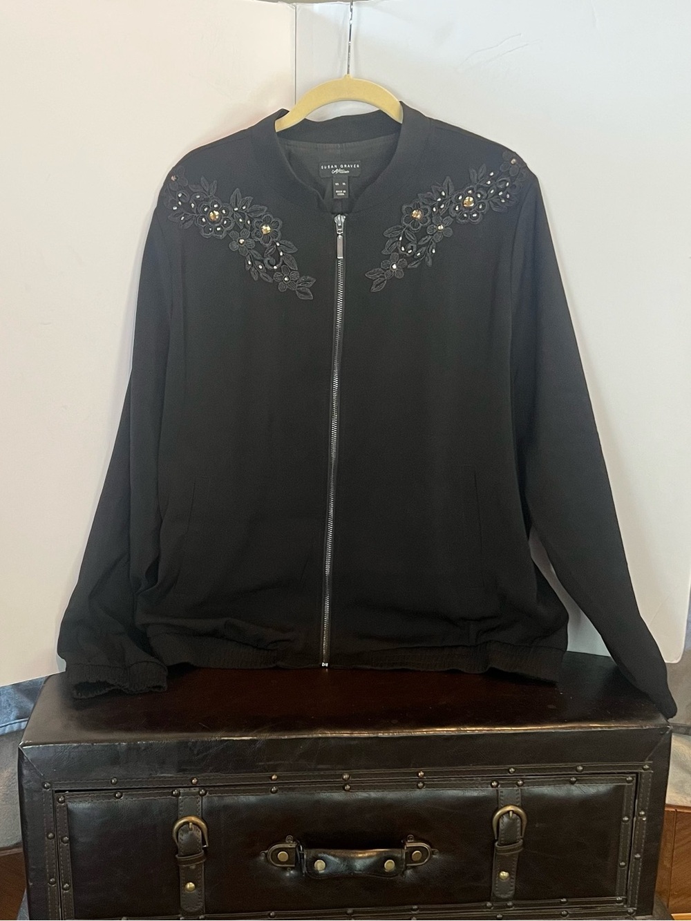 Susan Graver Black Floral-Embellished Bomber Jacket